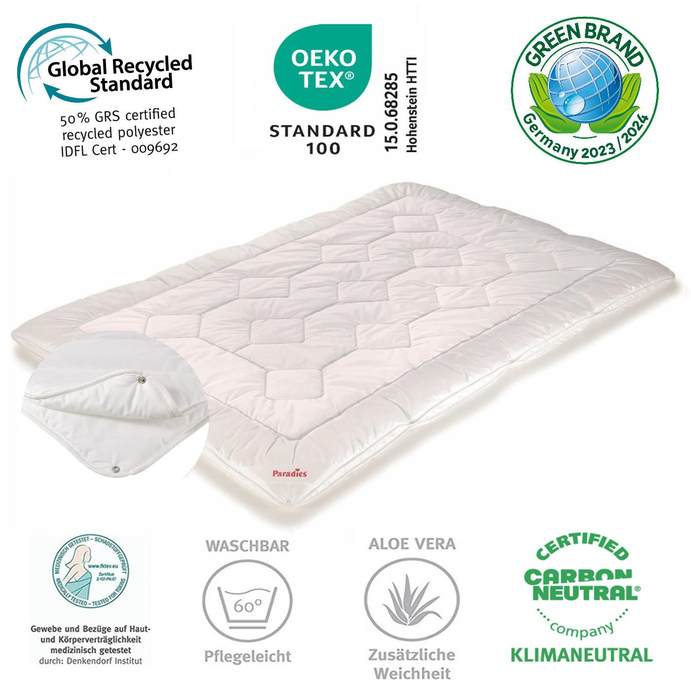 Paradies 4-Jahreszeitenbett Paradies Halia Varietta extra warme 4-Jahreszeiten Bettdecke 135x200, Füllung: Paradies Fill Fasertechnologie für dauerhaft bauschiges Volumen, davon 50% recycelt, Bezug: 100% Baumwolle, veredelt mit Aloe Vera, Klimaneutrale Herstellung