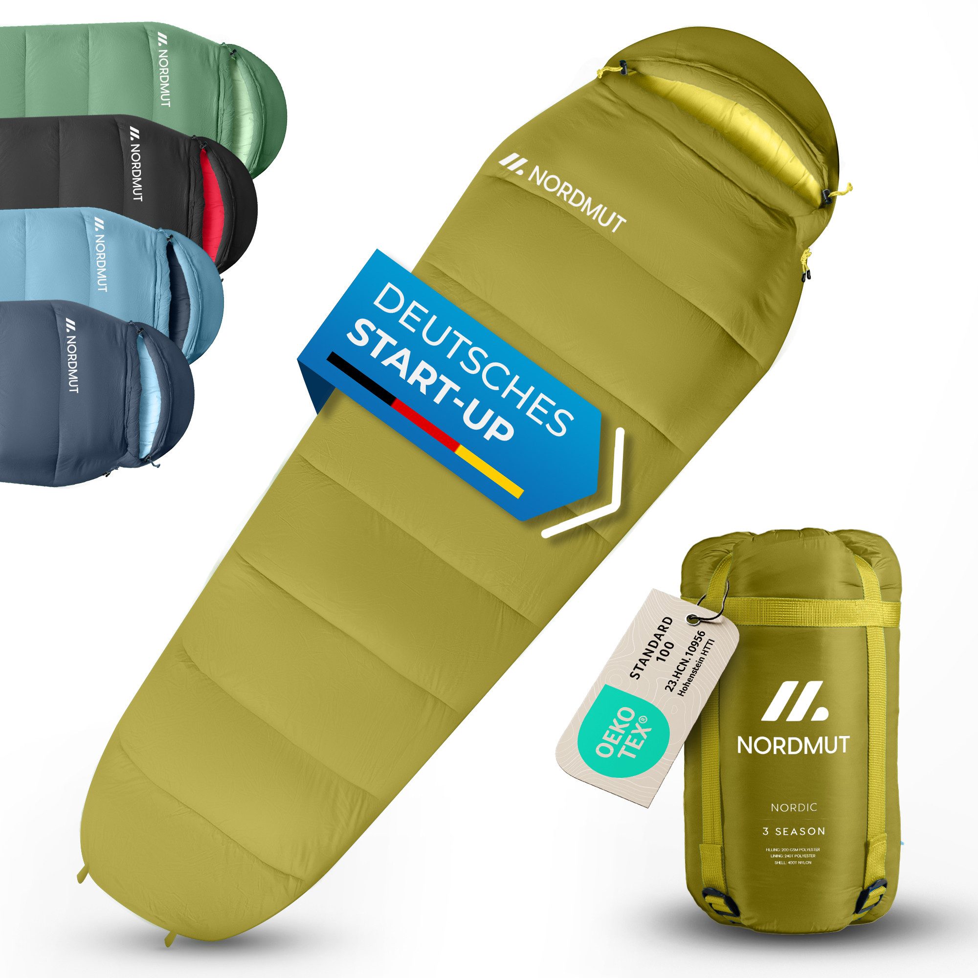 Nordmut Mumienschlafsack 3 Jahreszeiten Sommer Winter, Camping Outdoor, Erwachsene leicht warm (Spar-Set, Schlafsack + Kompressionsbeutel), wasserabweisend, atmungsaktiv, wärmend, YKK 2-Wege, kompakt, Trekking