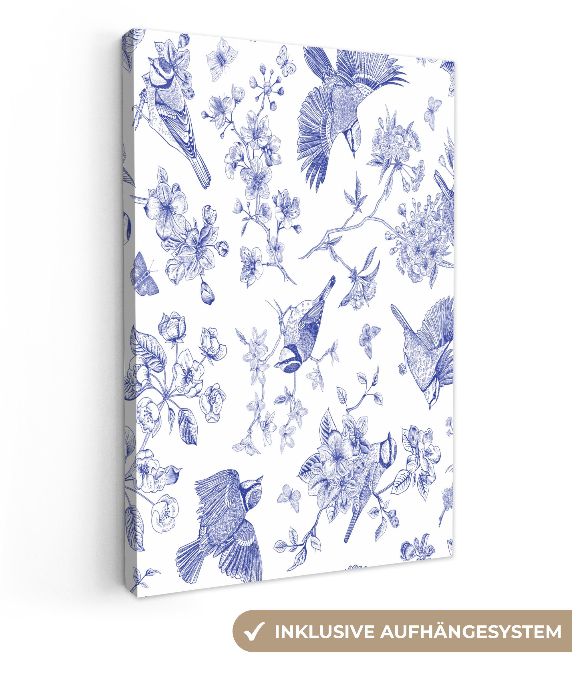 OneMillionCanvasses® Leinwandbild Blumen - Vögel (1 bespannt Gemälde, Zackenaufhänger, fertig Blau, 20x30 Leinwandbild - St), inkl. cm