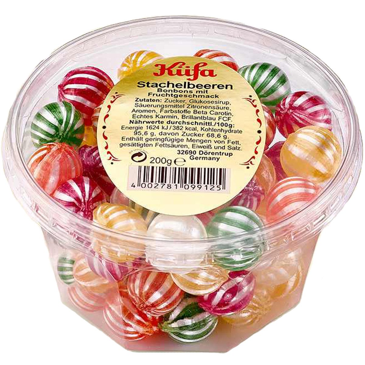 KUEFA Süßigkeit, Küfa Stachelbeeren fruchtig bunte Fruchtbonbons 5fach sortiert 200g