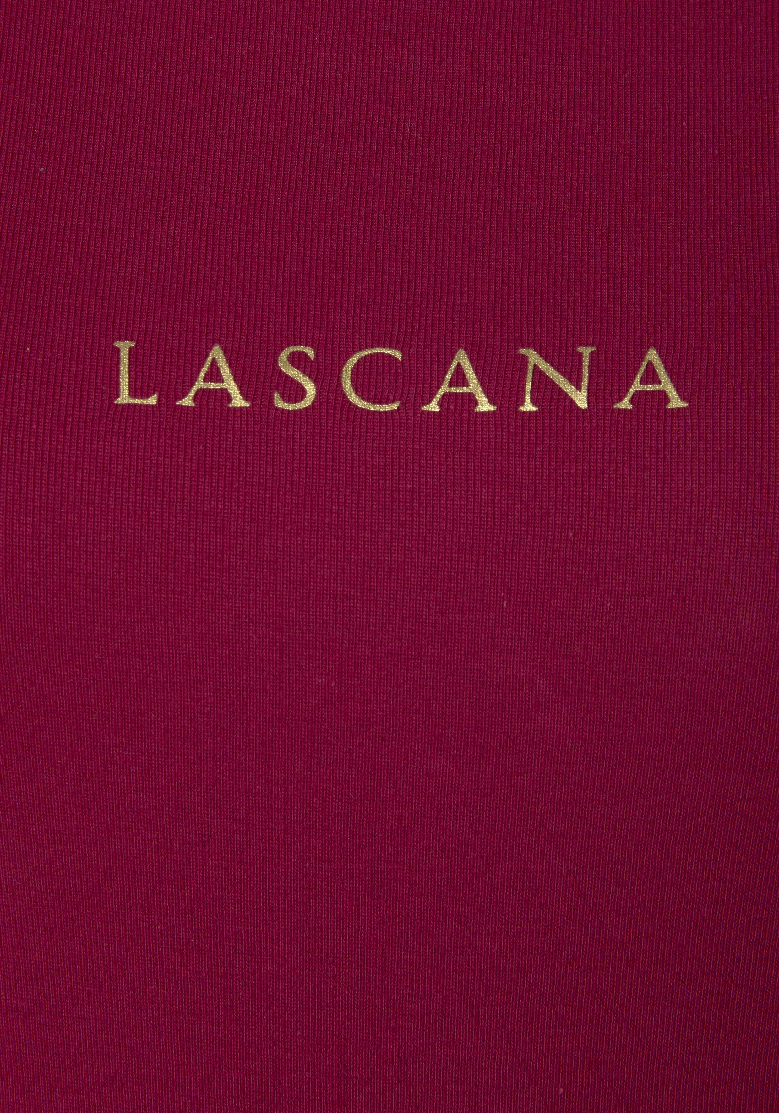 LASCANA T-Shirt (2er-Pack) mit bordeaux, goldenem Logodruck schwarz