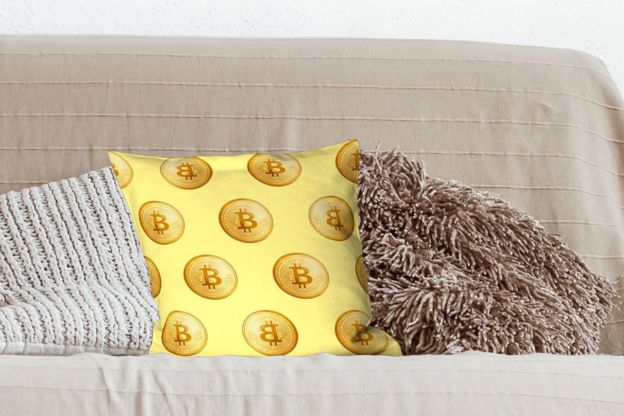 Muster mit MuchoWow Bitcoin - Gold Sofakissen Deko, Zierkissen Füllung - Schlafzimmer, - für Wohzimmer, Dekokissen Gelb,