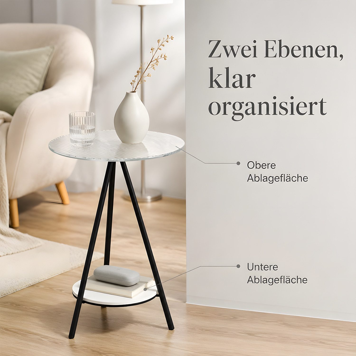 SURFOU Beistelltisch mit 2 Ebenen runder Ø40 cm aus Glas und Metall Couchtisch (für kleines Wohnzimmer, Schlafzimmer, Büro), Sofatisch Nachttisch Akzenttisch mi – Bild 5 von 5