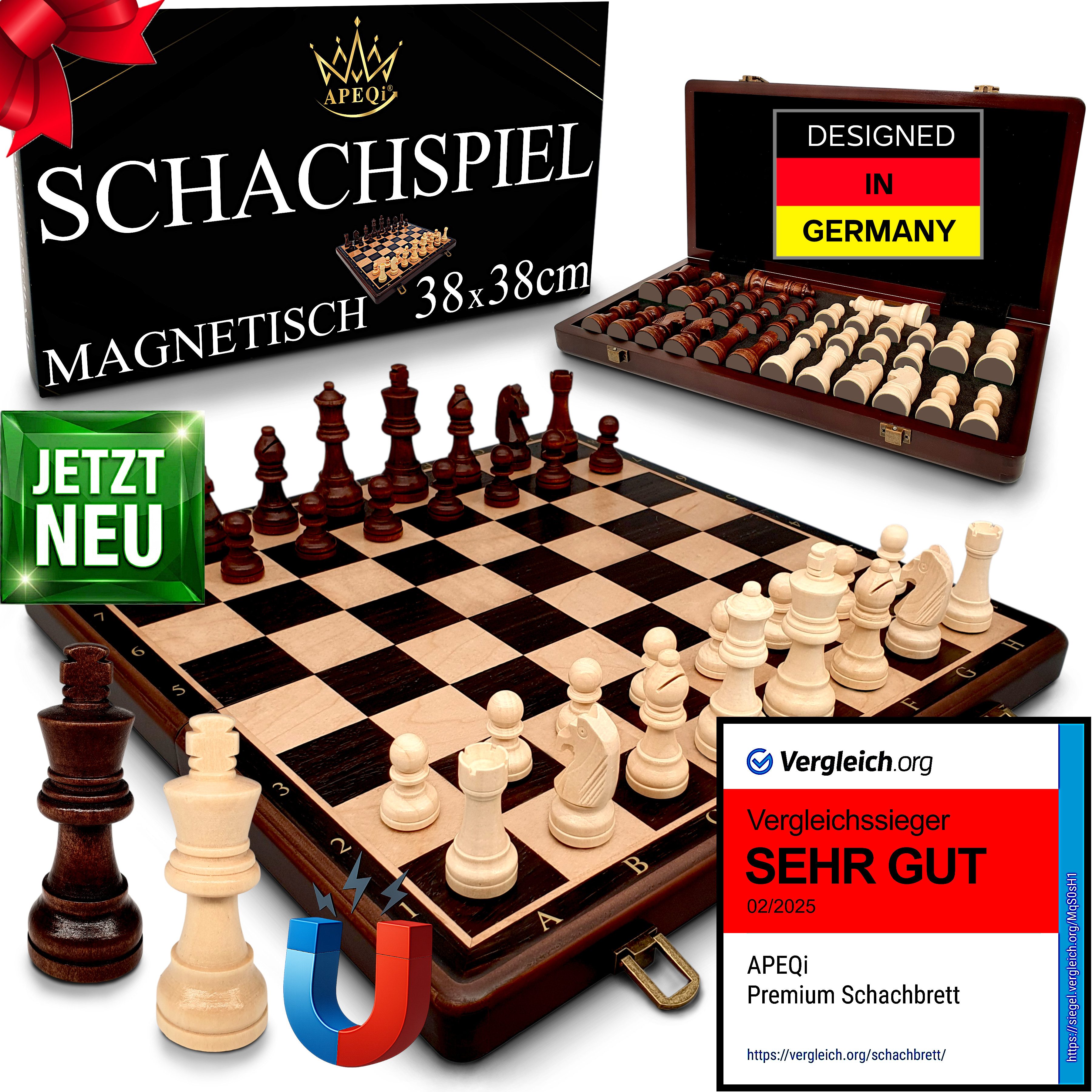 APEQi Spiel PREMIUM Schach - Schachspiel Holz hochwertig - Schachbrett mit Figuren, Massivholz, 2 EXTRA-Damen, Geschenkidee, klappbar, 34 Schachfiguren