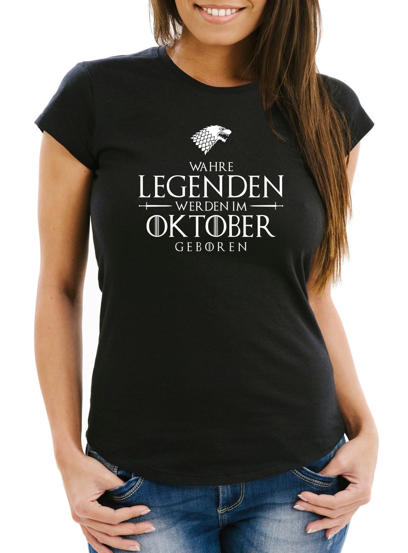 MoonWorks Print-Shirt Damen T-Shirt Wahre Legenden werden im [object Object] geboren Slim Fit Moonworks® mit Print Oktober schwarz