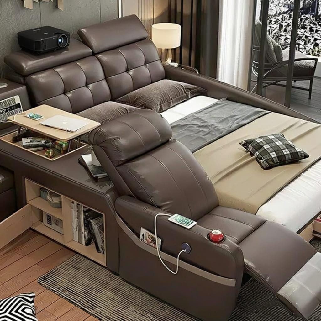 JVmoebel Multimediabett Multifunktionales Bett Moderner Stil in Braun Holzrahmen Entspannend (2-tlg)