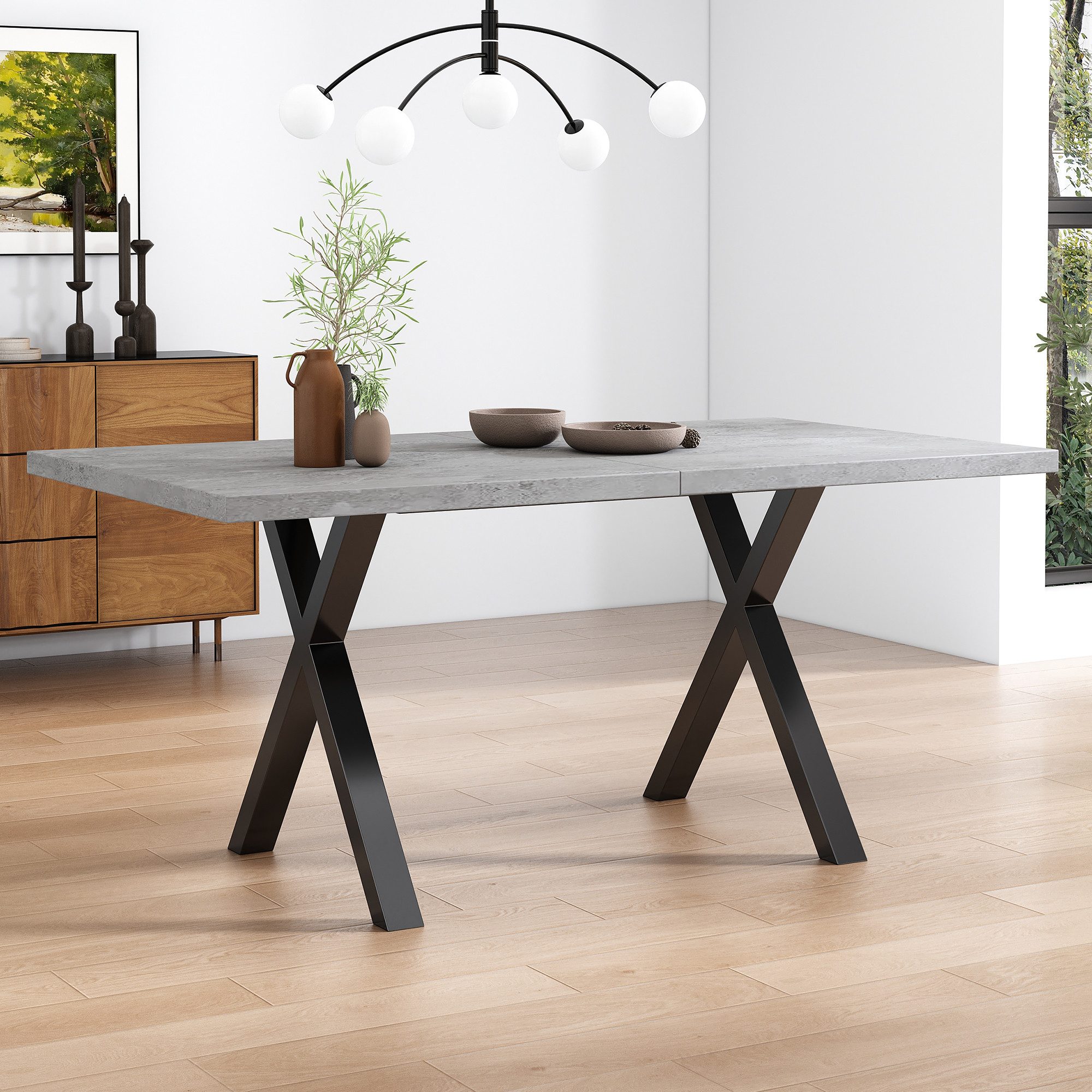 KLAM HOME Esstisch Moderner Esstisch Mit Kreuzbein Design In Eiche Und Schwarz (140x80cm Rechteckiger Tisch Aus Schmiedeeisen Und MDF), Vielseitiger Ess- Und Co – Bild 5 von 5