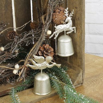 Macosa Home Weihnachtsfigur Weihnachtsdeko Glocken Dekoration Weihnachten Tannenbaum (2 St), Glöckchen 2er Set Engel Hirsch silber Adventsdeko
