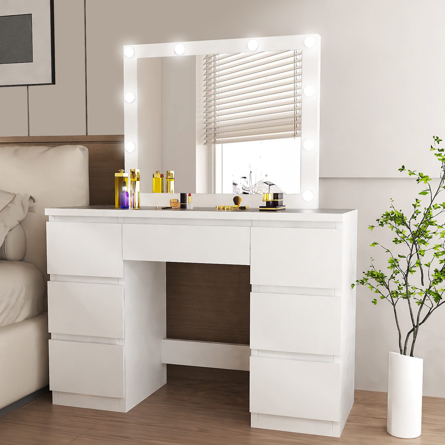 oyajia Schminktisch Kosmetiktisch mit Spiegel und LED-Beleuchtung, 7 Schubl günstig online kaufen