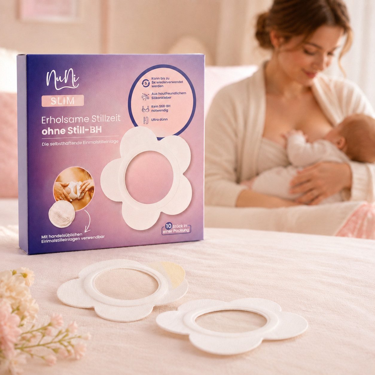 NuNi BH-Stilleinlagen NuNi-SLIM selbstklebende Einmalstilleinlagen für stressfreies Stillen, Stillen ohne BH, einfache Anwendung, hautfreundlich, diskret