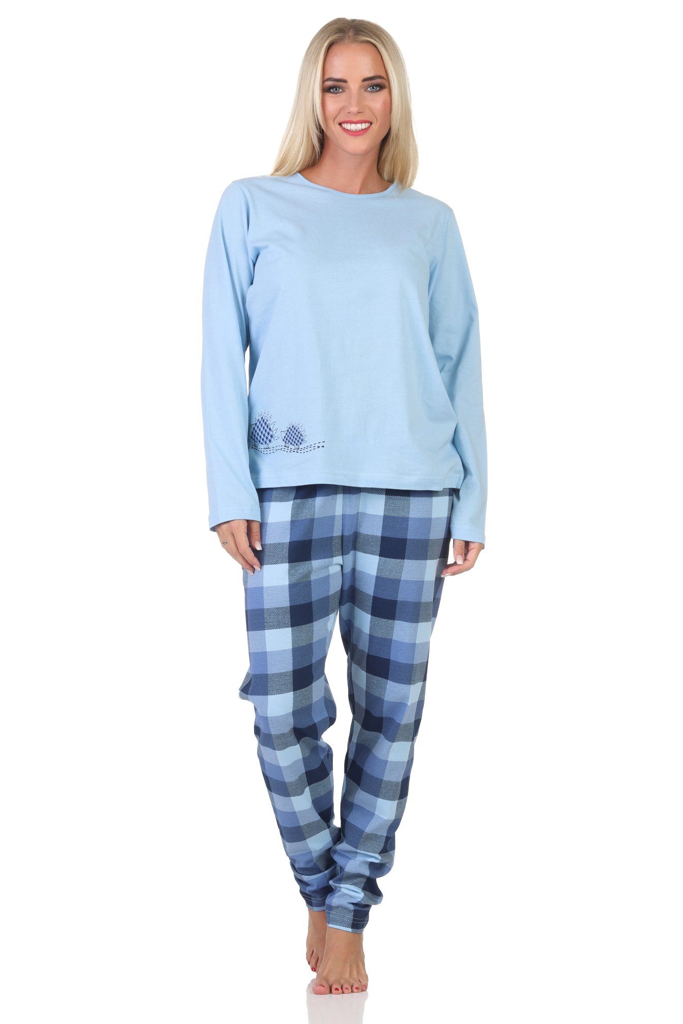 Normann Pyjama Normann Damen Jersey langarm Pyjama mit karierter Hose und Tiermotiv