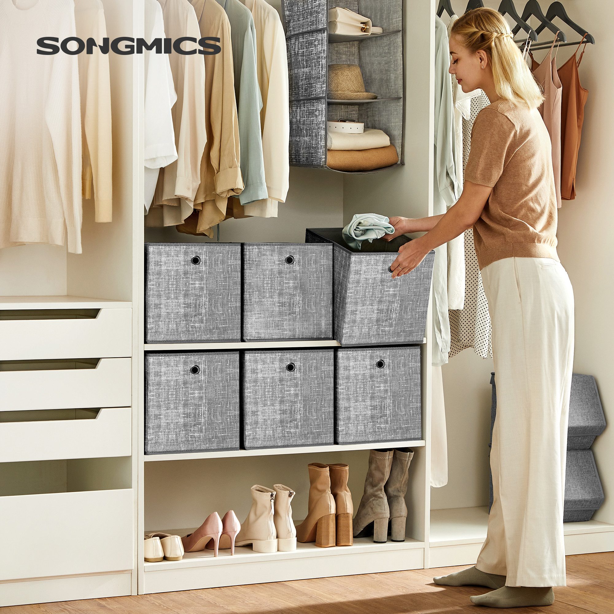SONGMICS Aufbewahrungsbox Ordnungsboxen (Aufbewahrungsbox, 6er Set, Ordnungsboxen aus Vliesstoff mit Griff), Aufbewahrungsbox, 6er Set, Ordnungsboxen mit Griff