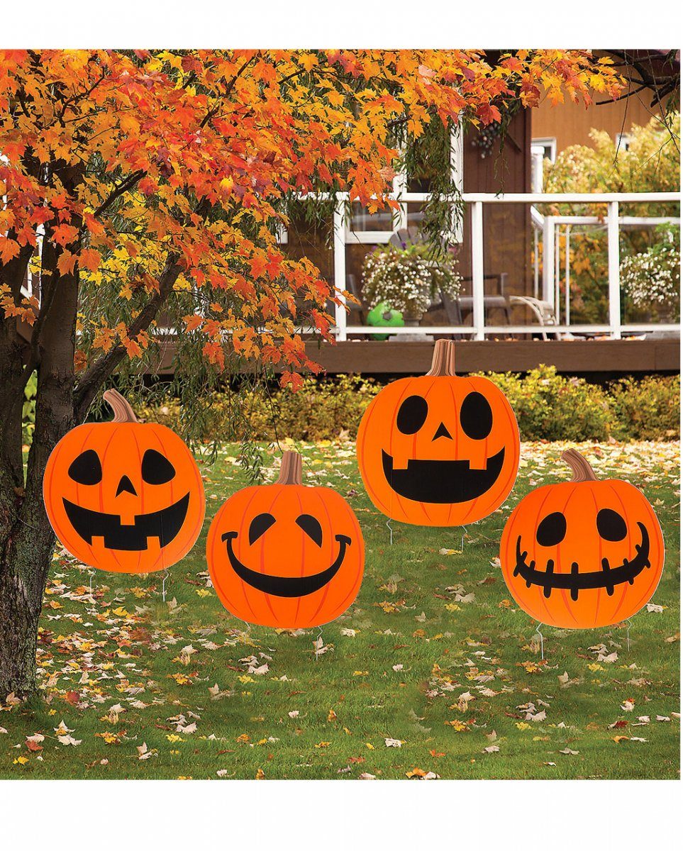 Horror-Shop Dekofigur Halloween Gartenstecker mit Kürbisgesicht 4 Stück