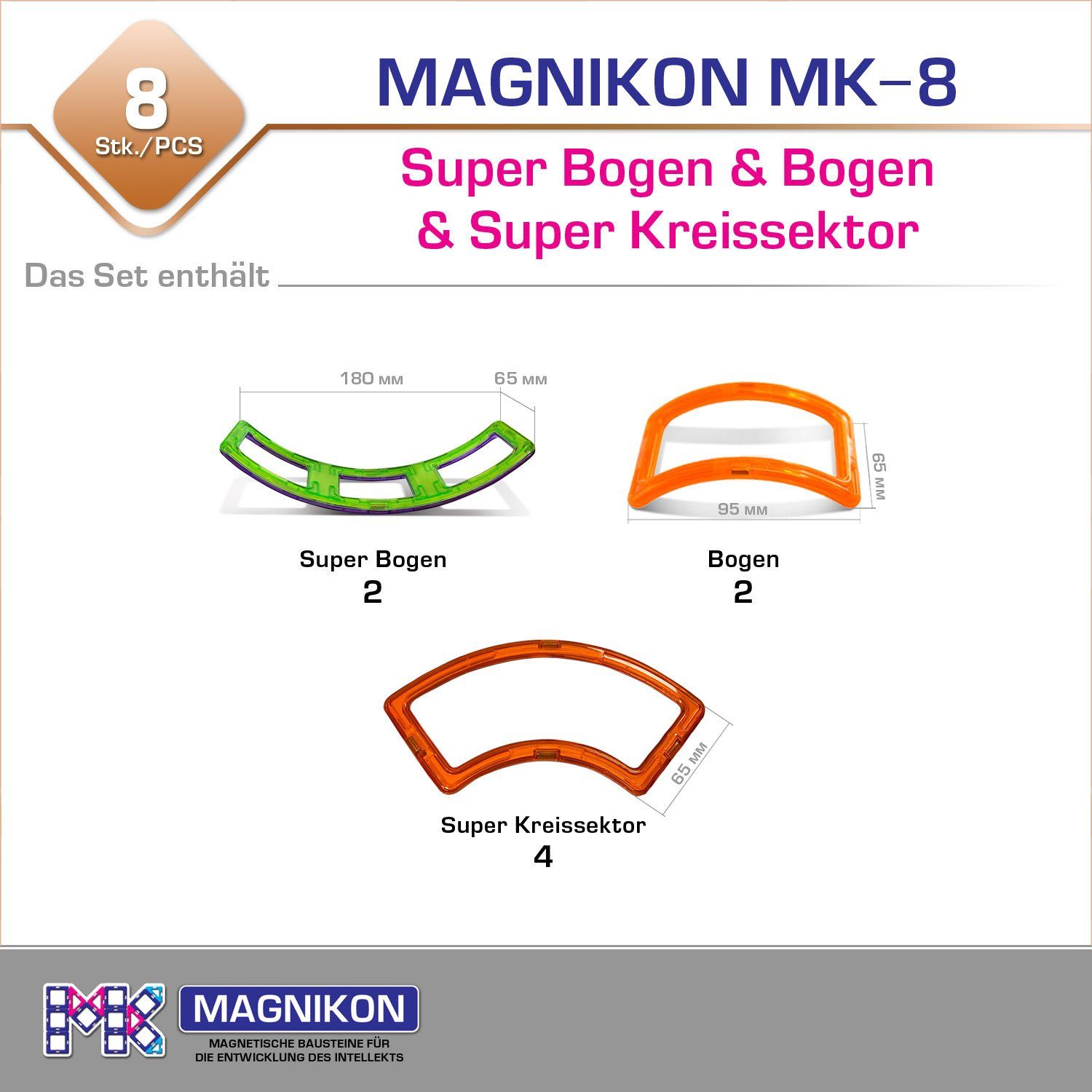 MAGNIKON Magnetspiel Bauklötze Magnetische Bausteine 4 Konusse + 4 Bogen Magnetspielbausteine, (Magnetbauset, 8 St., Bausteine), stabille Baumodelle