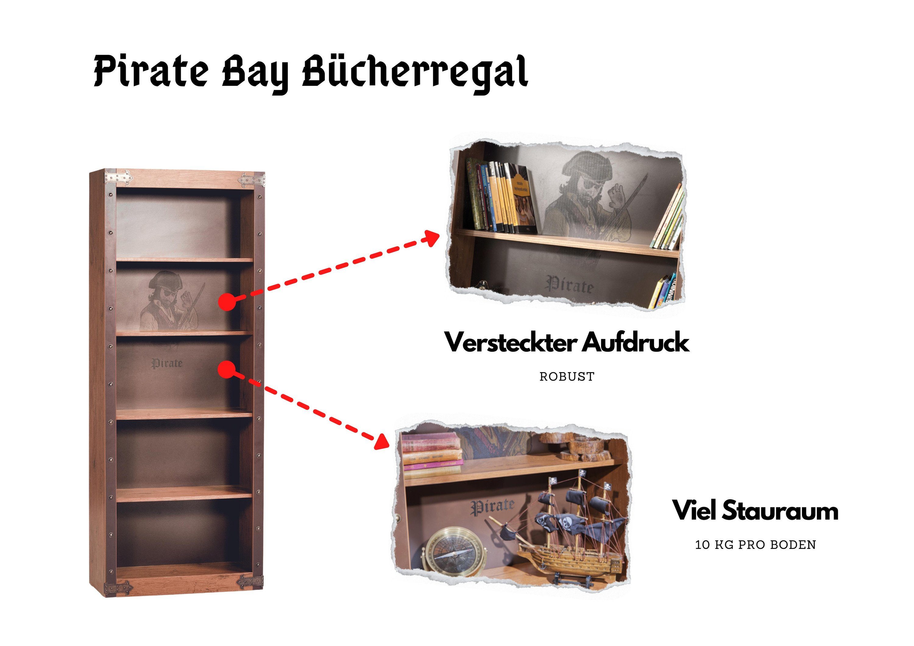 mit Aufdruck, Stand, sicherer Bücherregal Cilek mit Pirate Wandbefestigung Breite Bay, cm, 71