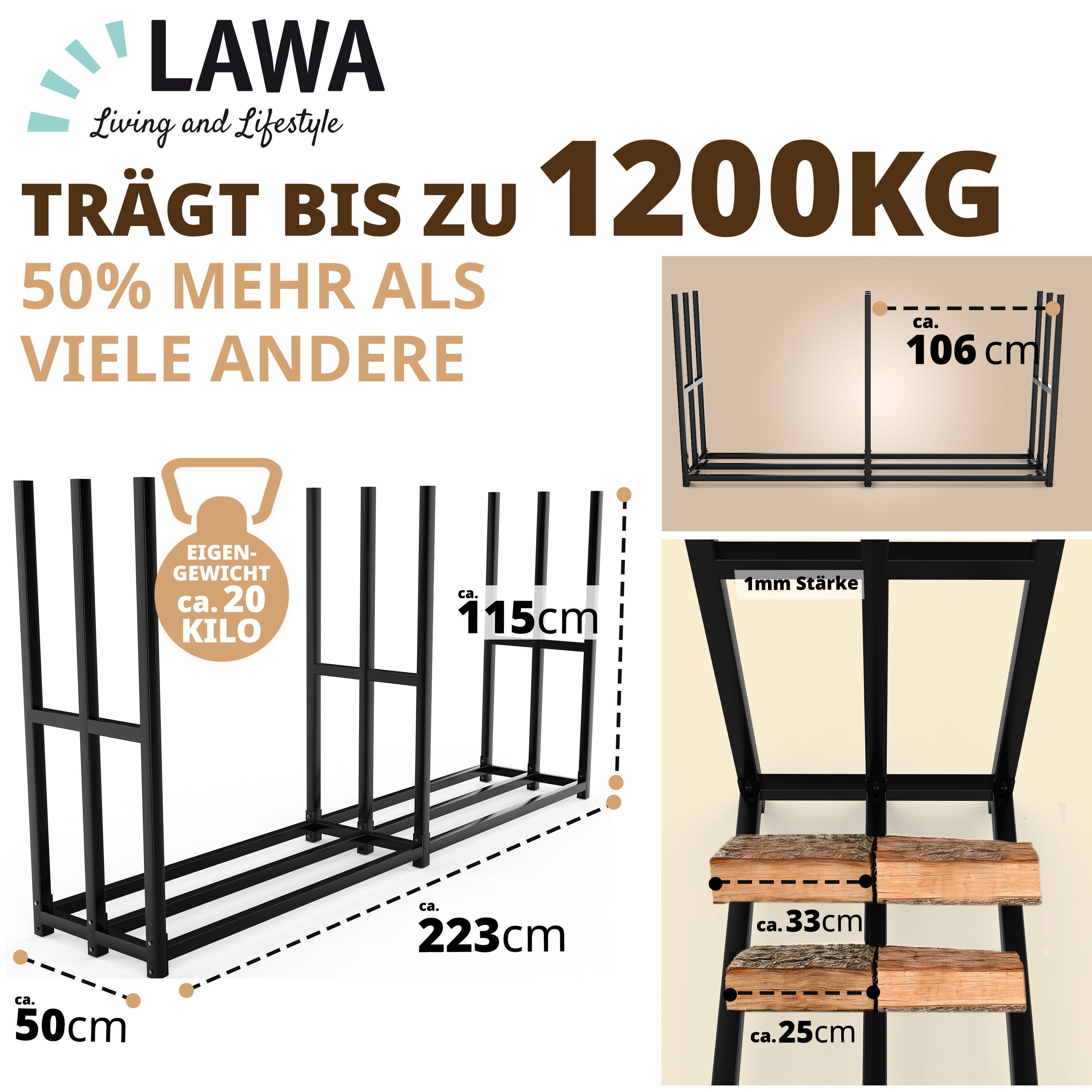 LAWA Living and Lifestyle Kaminholzregal außen Metall verzinkt Stapelhilfe Brennholz 50cm = 2x 25cm Holzscheite, BxTxH:223.00x50.00x115.00 cm, verzinkt, wetterfest
