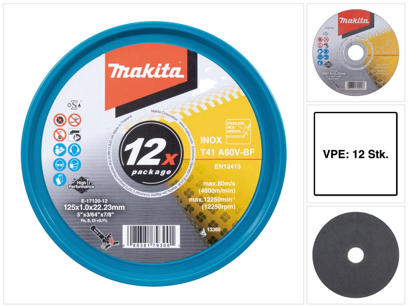 Makita Trennscheiben E-17120-12 Trennscheiben INOX 125 x 1,0 x 22,23 mm A60V-BF 12 Stück
