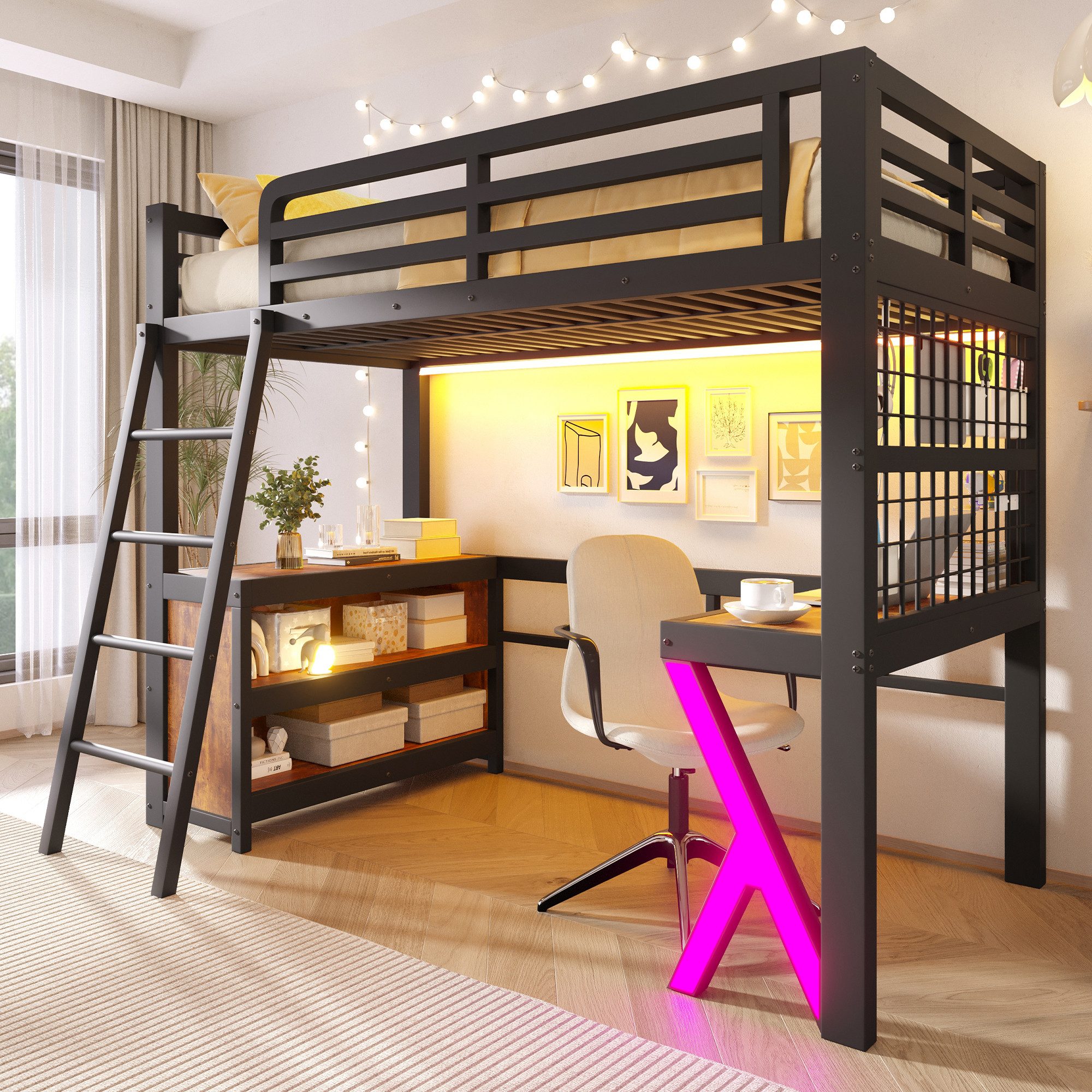 Ulife Hochbett Tisch, LED - Lichtleiste, Aufbewahrungsschrank, 90/140*200cm (3-St) Schwarz
