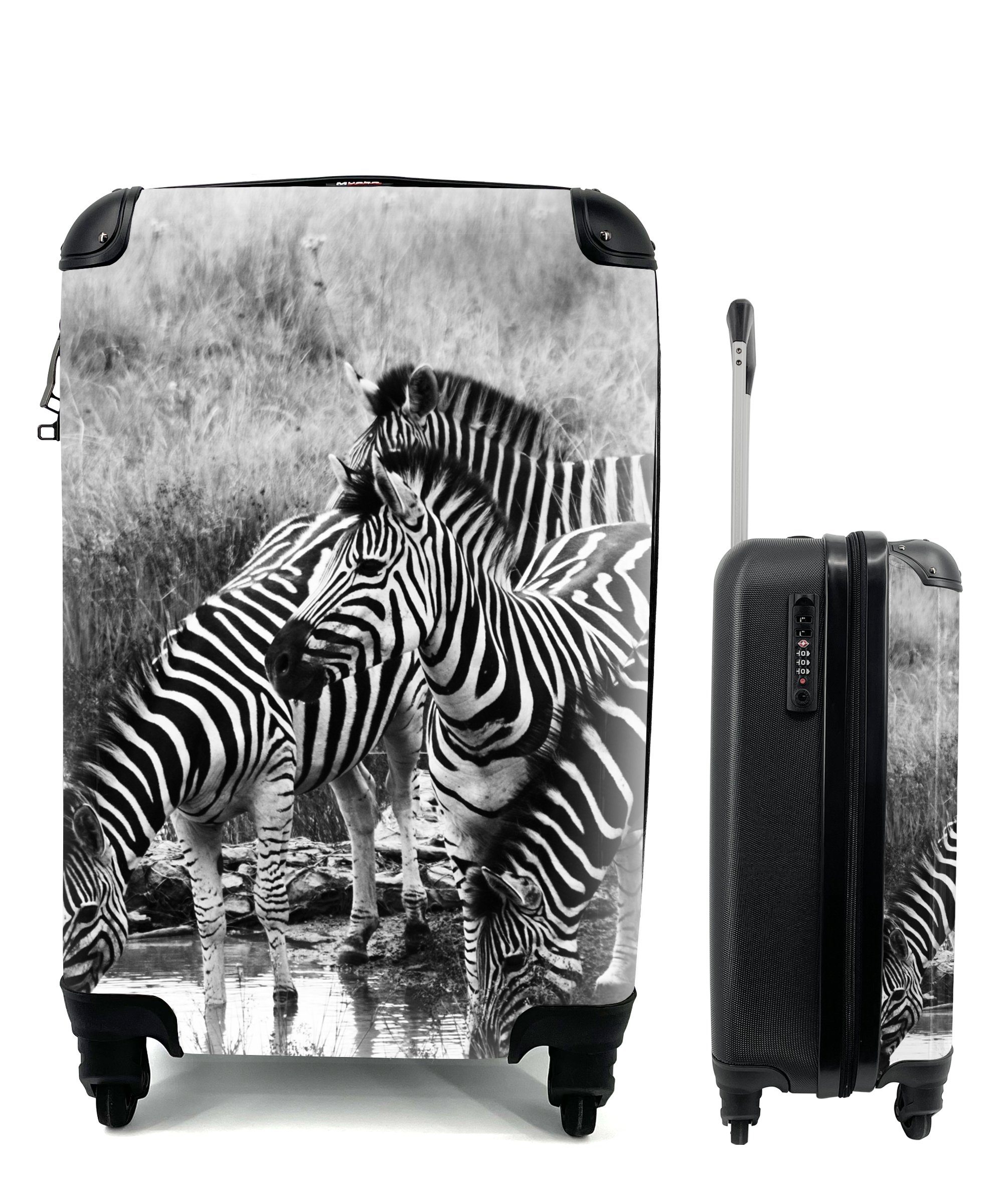 MuchoWow Handgepäckkoffer Trinkende Zebras, für rollen, Handgepäck Rollen, Reisetasche Trolley, mit Reisekoffer 4 Ferien