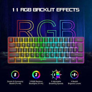 HXSJ 60% Kompakte Tastatur,61 Tasten,TKL Layout V700 Gaming Tastatur- und Maus-Set, Optische Gaming-Sensormaus mit 7 Tasten,7-Farbiges LED-Licht