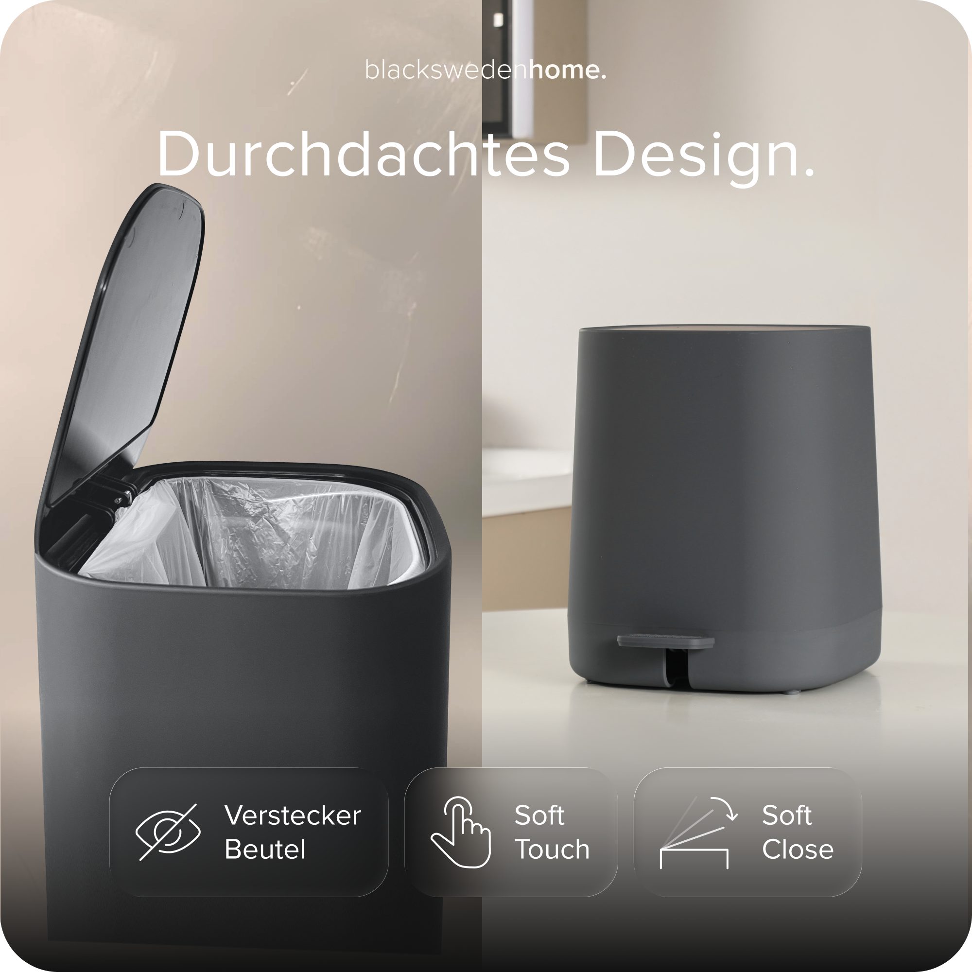 blackswedenhome. Mülleimer Bad Mülleimer - 5L mit Softclose-Deckel und Soft Touch Oberfläche, Soft Close Deckel, Soft Touch Oberfläche