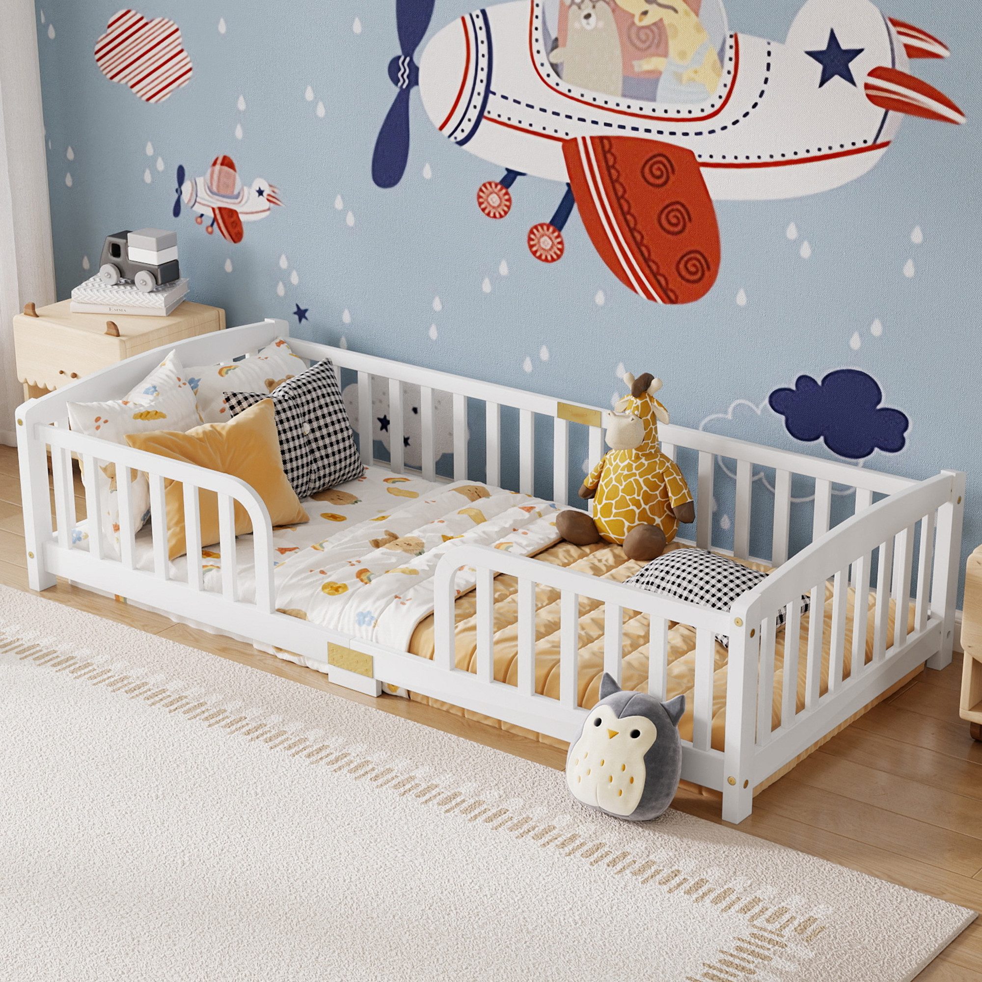 Celya Holzbett mit Sicherheitsgeländern (ohne Matratze, Zugangsöffnung mit abgerundeten Ecken, Einfache Montage), Geeignet für Schlafzimmer, Kinderzimmer, Jugendzimmer