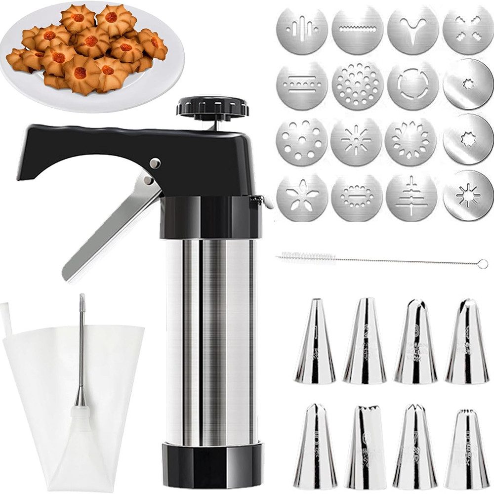Coonoor Biskuitpresse Gebäckpresse für Spritzgebäck Edelstahl Spritzgebäck Presse, mit 16 Schablonen, 8 Tüllen, TPU-Rahmenbeutel und Reinigungsbürste