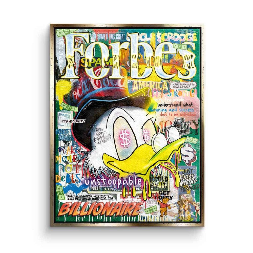 DOTCOMCANVAS® Leinwandbild, Leinwandbild Forbes Dagobert Duck Comic Pop Art collage DOTCOMCANVAS goldener Rahmen