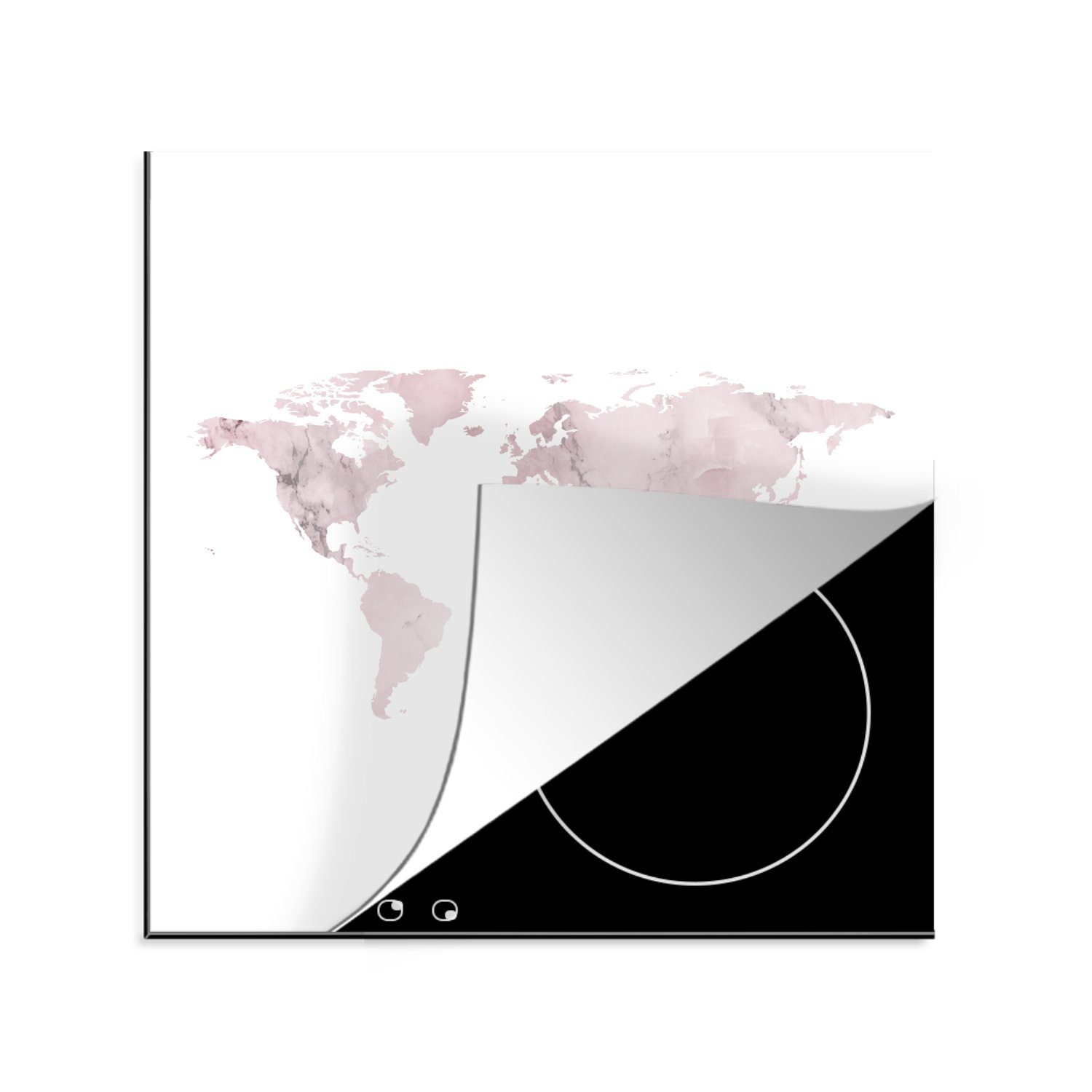MuchoWow Herdblende-/Abdeckplatte Weltkarte - Marmor - Rosa, Vinyl, (1 tlg), 78x78 cm, Ceranfeldabdeckung, Arbeitsplatte für küche
