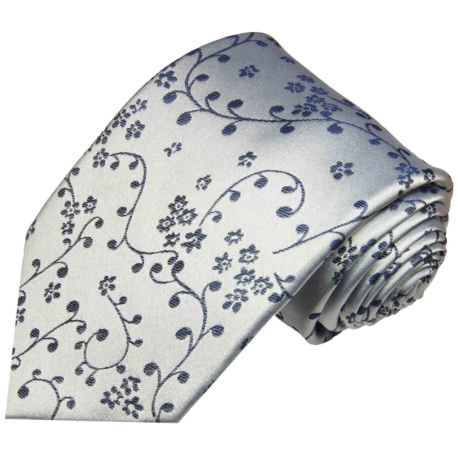 Paul Malone Krawatte Designer Seidenkrawatte Herren Schlips modern geblümt 100% Seide Breit (8cm), silber blau 974