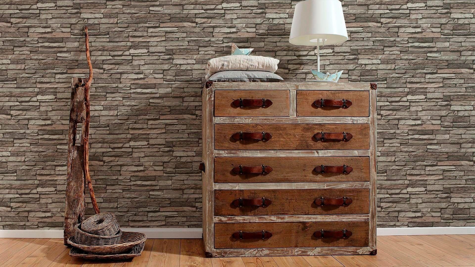 Edition, Stone Wood`n walls of 2nd Steinoptik, Vliestapete A.S. living Best Modern Stein Tapete Création dunkelbraun