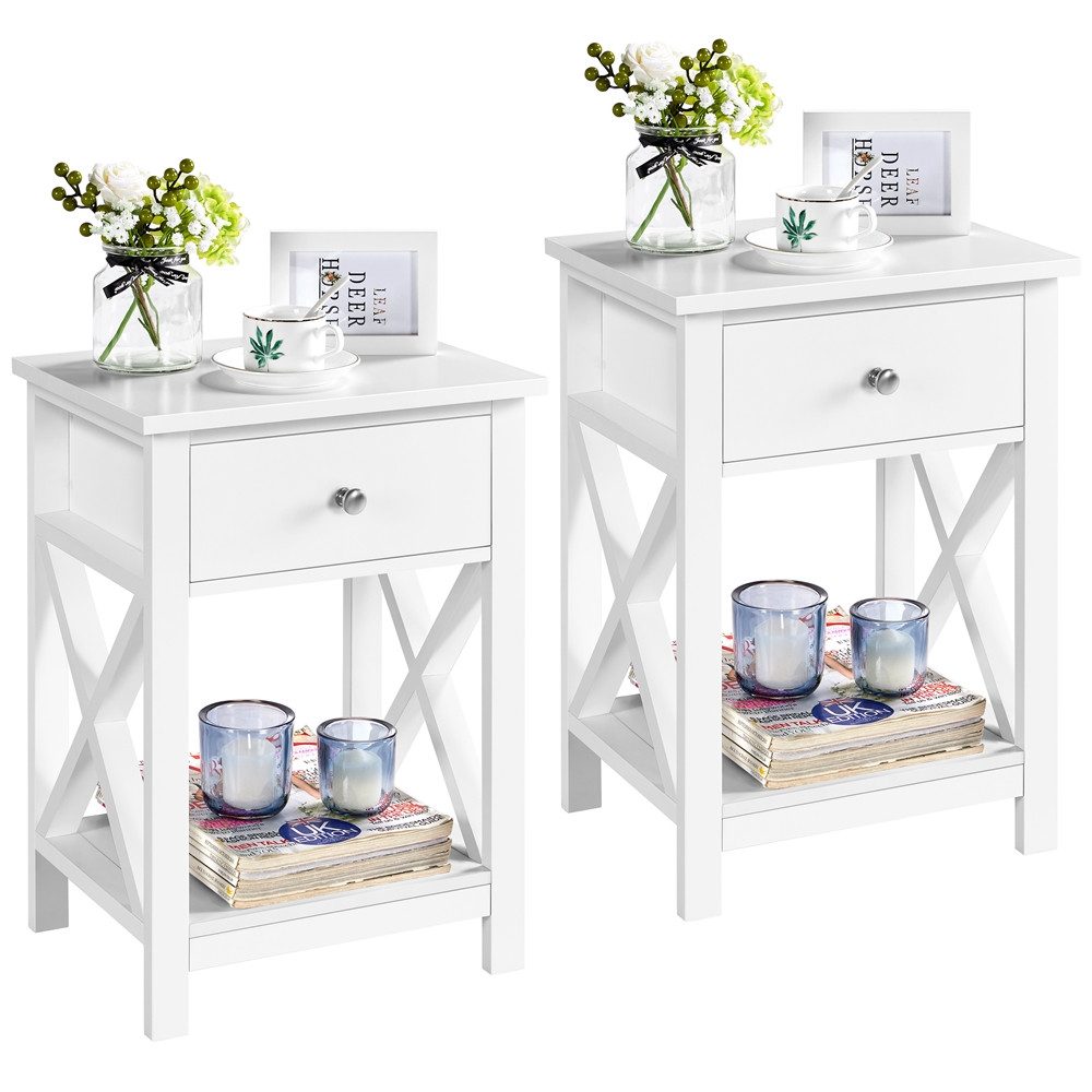 Yaheetech Nachttisch 40 x 30 x 55 cm (2er-Set), Beistelltisch mit 1 Schublade und Ablagefach, X-förmige Stützbeine