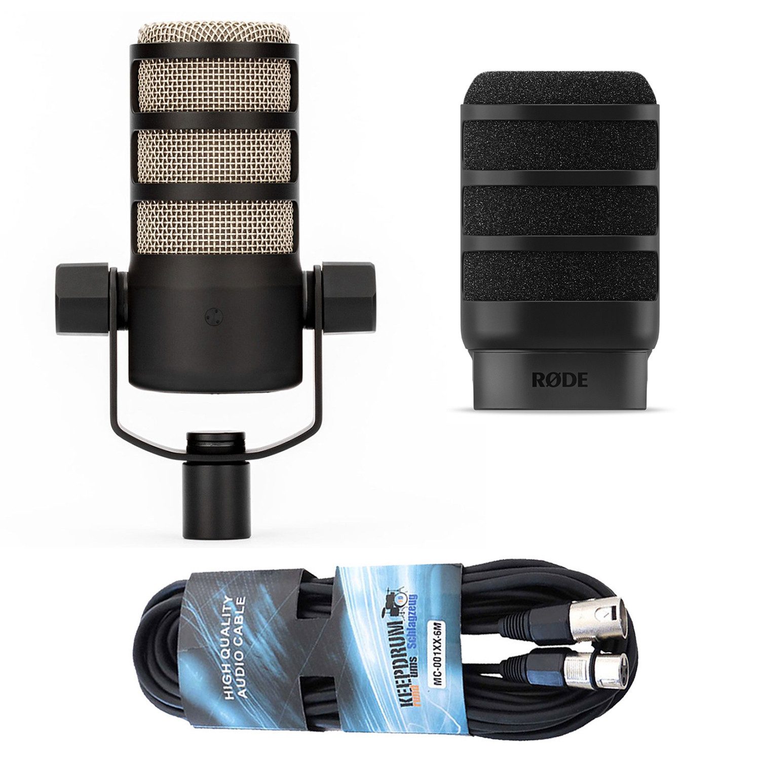 RØDE Streaming-Mikrofon Rode Mikrofon Podmic mit WS14 Popschutz und Kabel (Vorteils Set, 3-tlg), mit schwarzem Windschutz