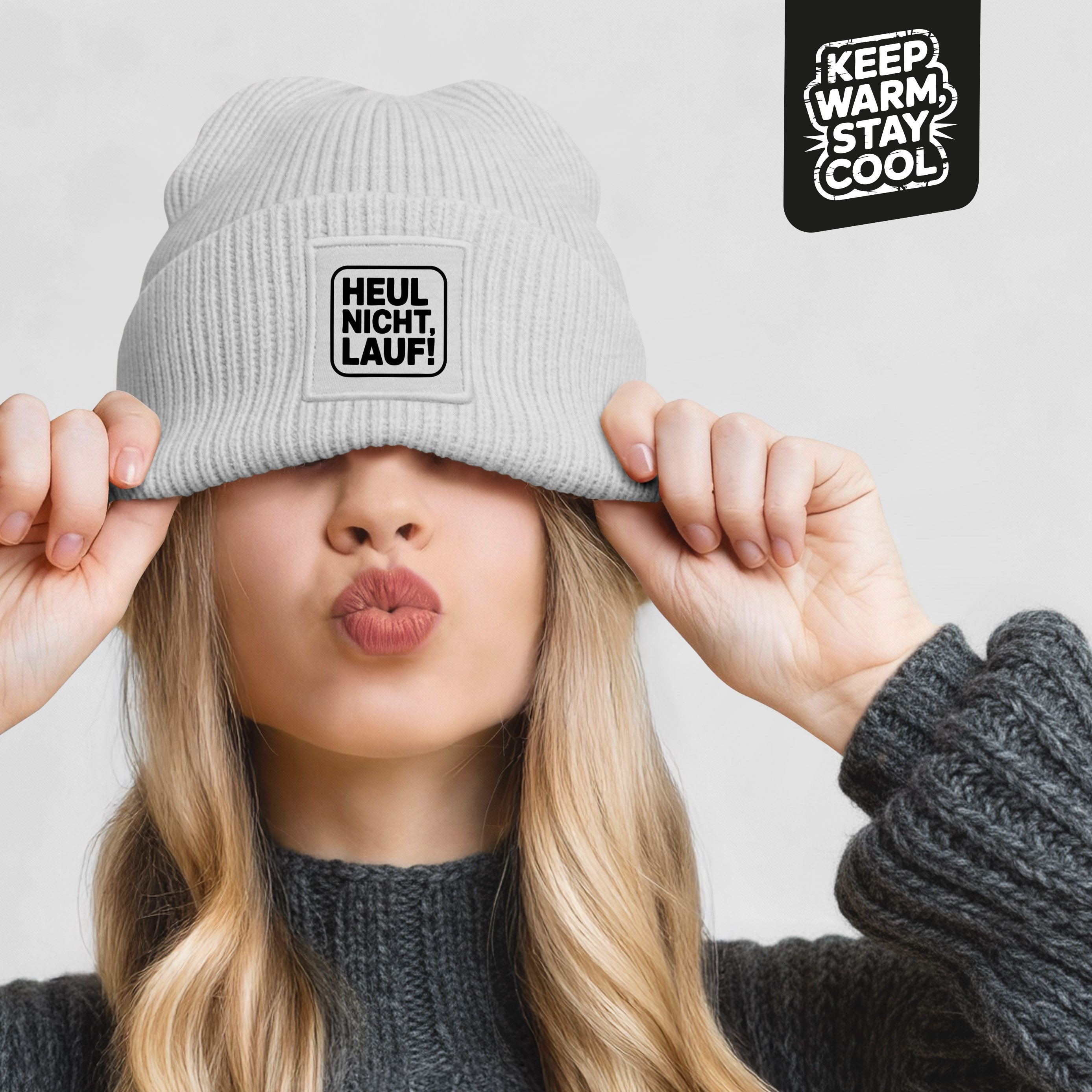MoonWorks Strickmütze Damen Beanie Patch mit Aufdruck Heul nicht Lauf Wintermütze Frauen