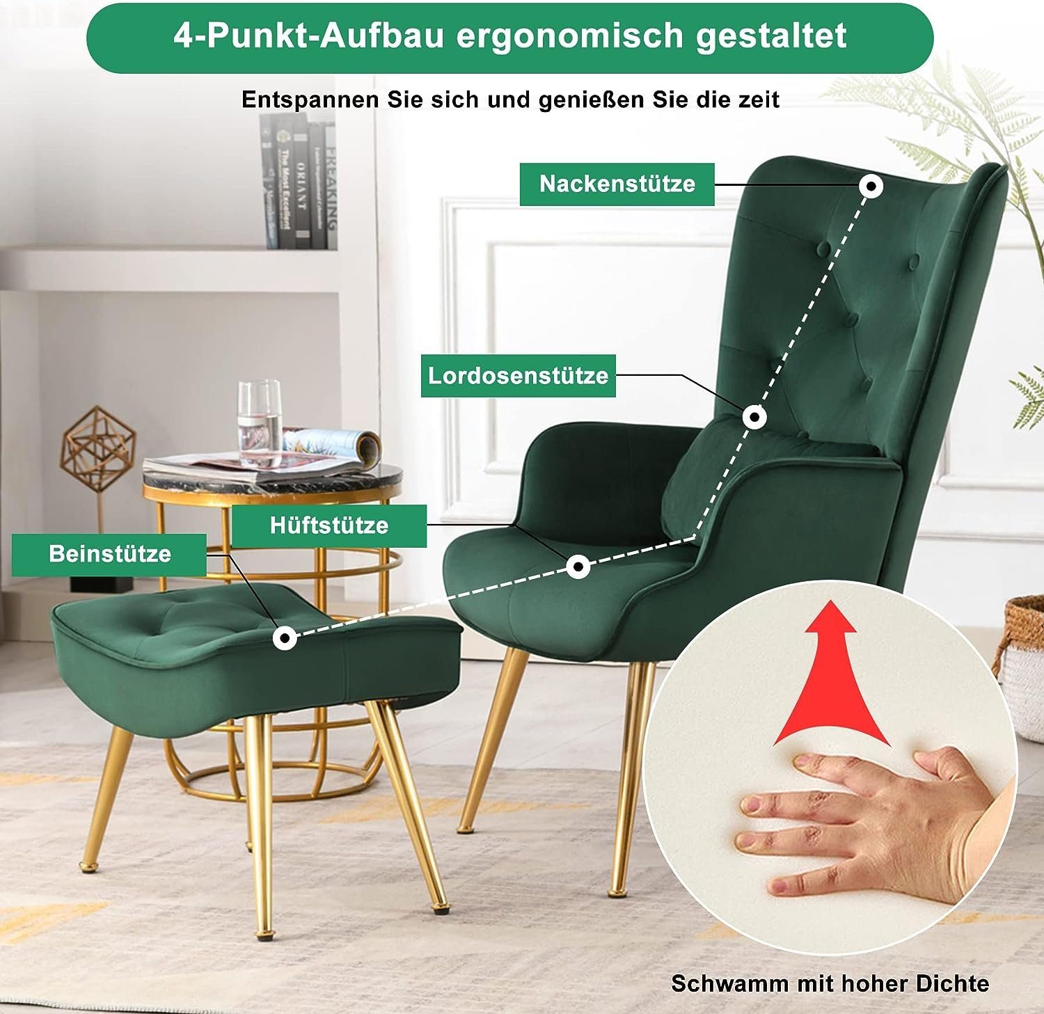 mit mittelalterlicher Grün Wohnzimmer Sessel Ohrensessel Lounge HomeMiYN Relaxsessel Hocker
