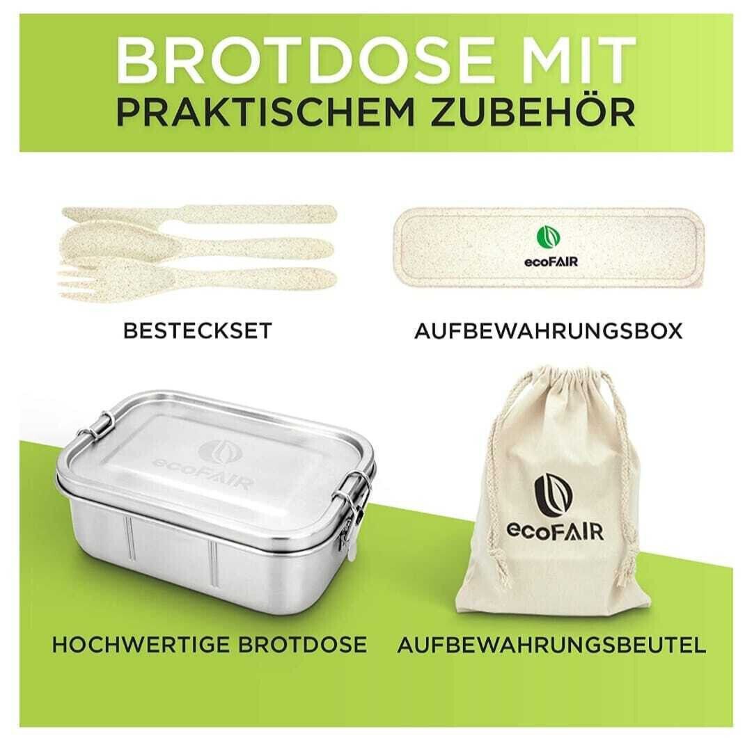ecoFAIR Lunchbox Edelstahl Brotdose 800ml Lunchbox mit 3 Fächern Besteck Set, Edelstahl, (Set, 9-tlg., Besteckset und Aufbewahrungsbox, Aufbewahrungsbeutel), in – Bild 5 von 5