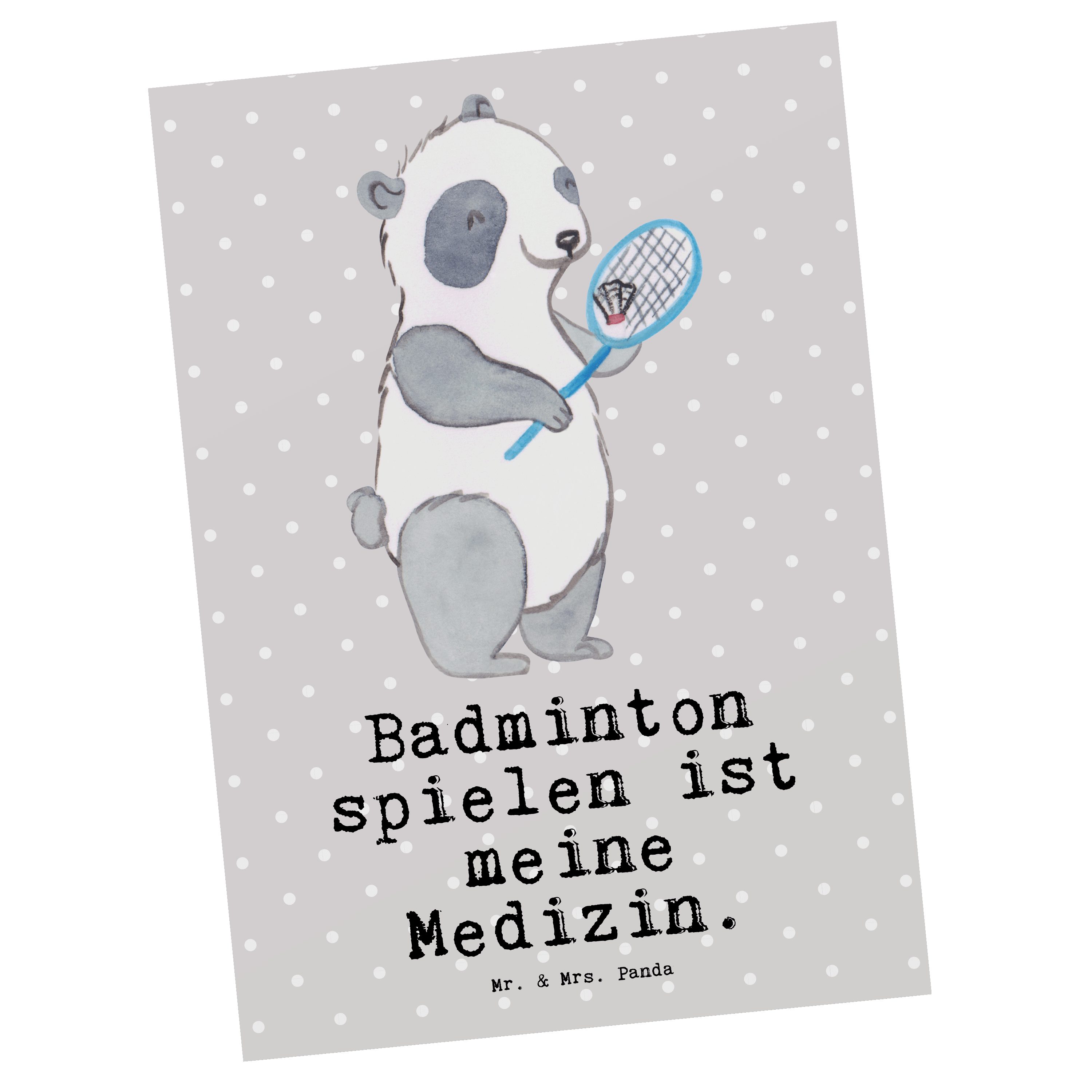 Mr. & Mrs. Panda Postkarte Panda Badminton Medizin - Grau Pastell - Geschenk, Badminton spielen