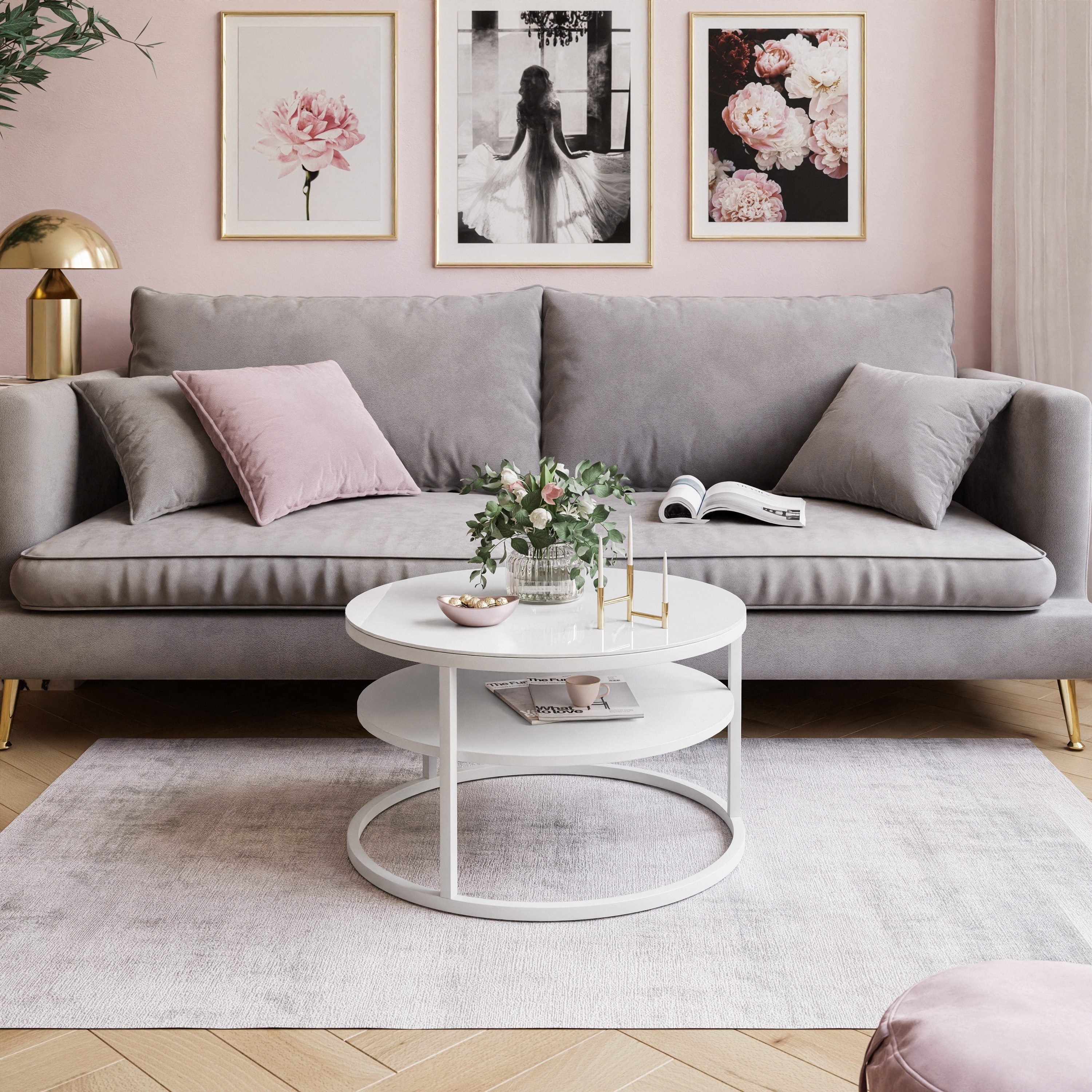 Lookway Couchtisch CIRI GLASS 60 mit weißem Gestell und Ablage (1 Tische), Durchmesser: ⌀ 60 cm
