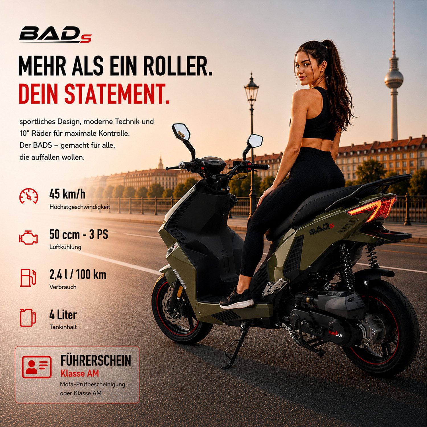 Burnout Motorroller BAD s Grün, 50 ccm, 45 km/h, Euro 5, Keyless-Go, Alarmanlage, LED-Beleuchtung