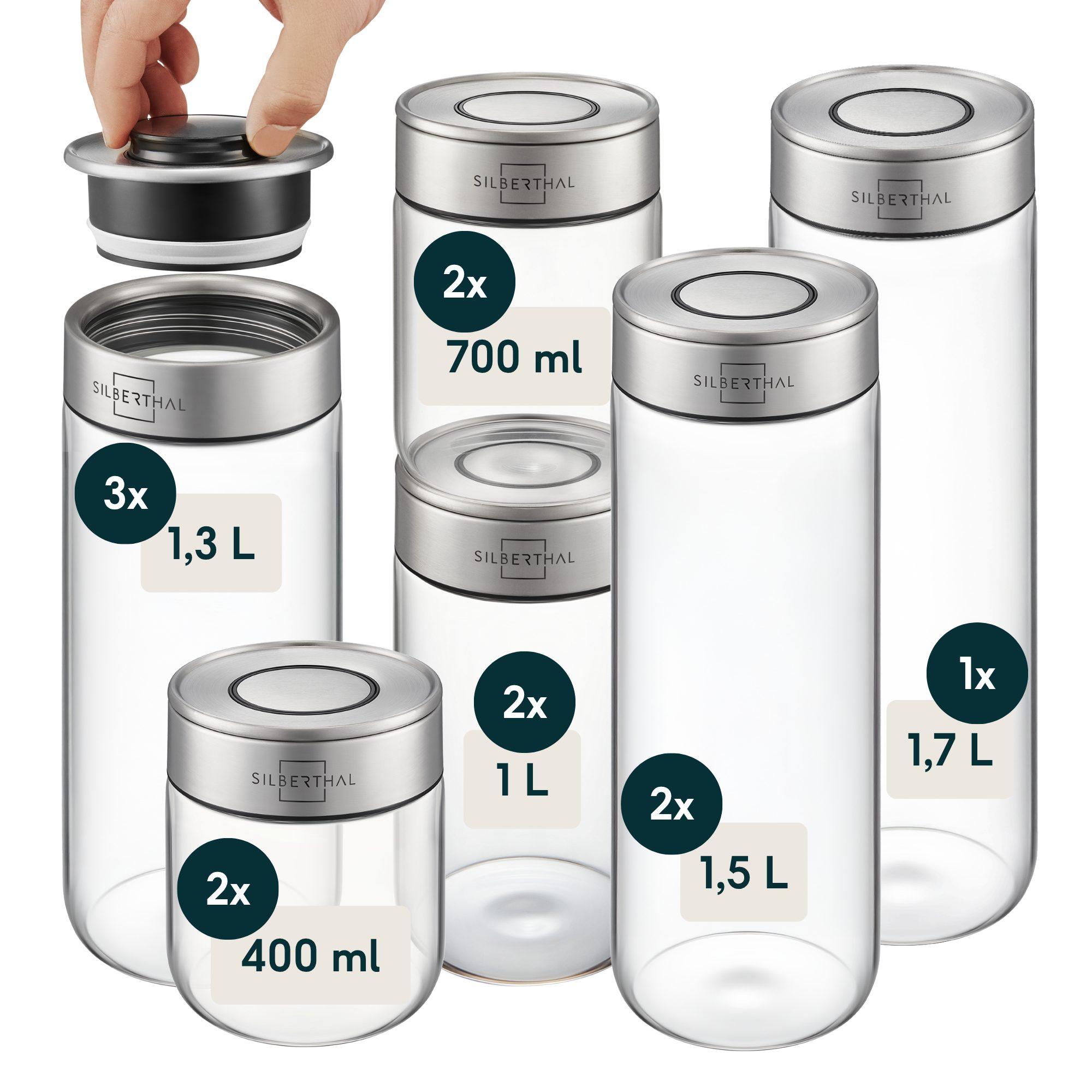 SILBERTHAL Vorratsglas 12 Set, Vorratsdosen mit Klickdeckel, Glas, Edelstahl, (12er Set Mix, 12-tlg), Luftdicht & Mottensicher