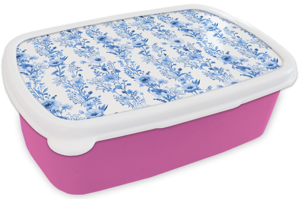 Brotbox MuchoWow Mädchen, Lunchbox (2-tlg), Snackbox, rosa Muster, Brotdose Kunststoff, Erwachsene, - - Anemone - Blau Kunststoff Kinder, Blumen für