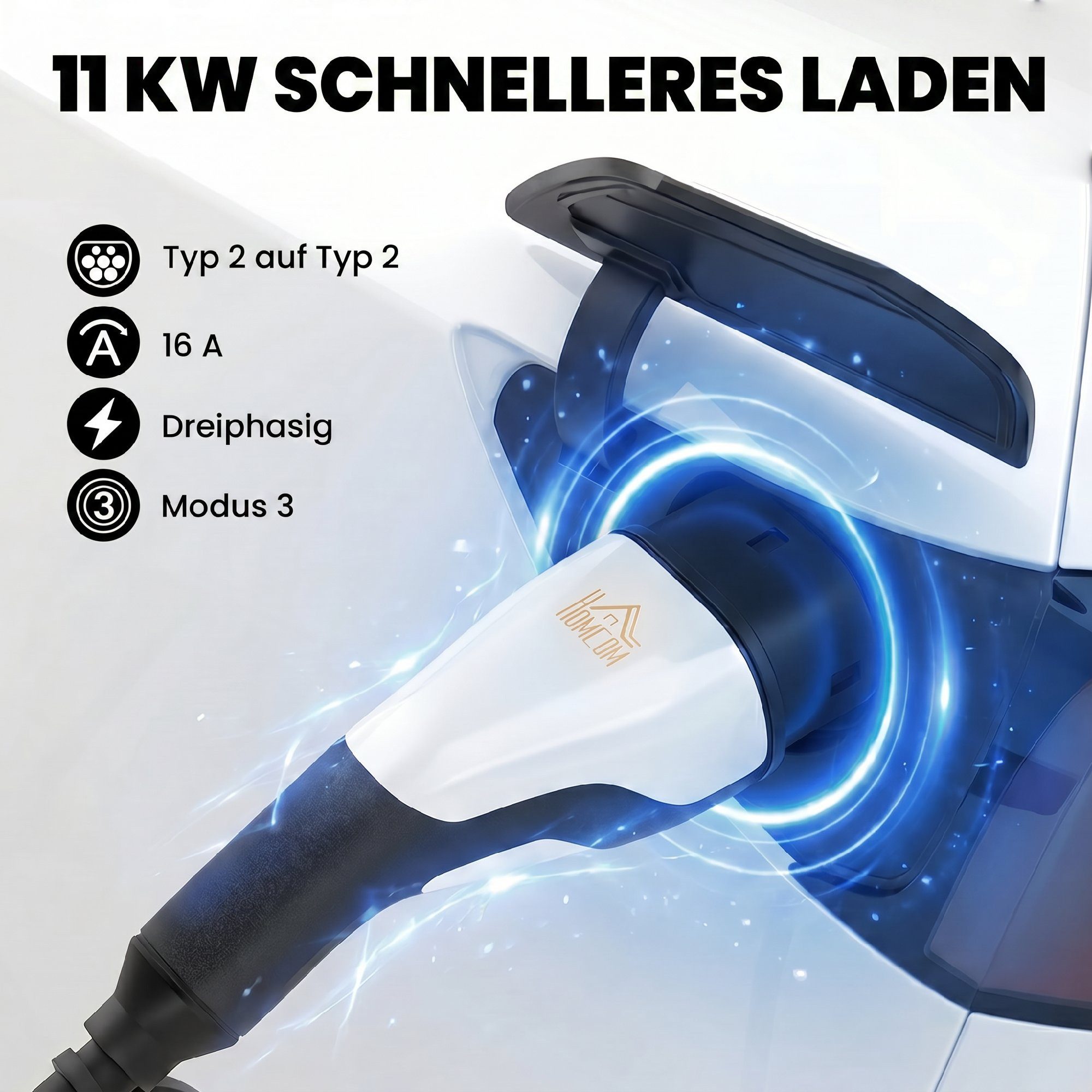HOMCOM EV Ladekabel mit Reinigungstuch und Tasche Autoladekabel, Typ 2, Typ 2 (500 cm), 11 kW, 3-phasig, IP65, 5 m, Typ 2 – Bild 4 von 5