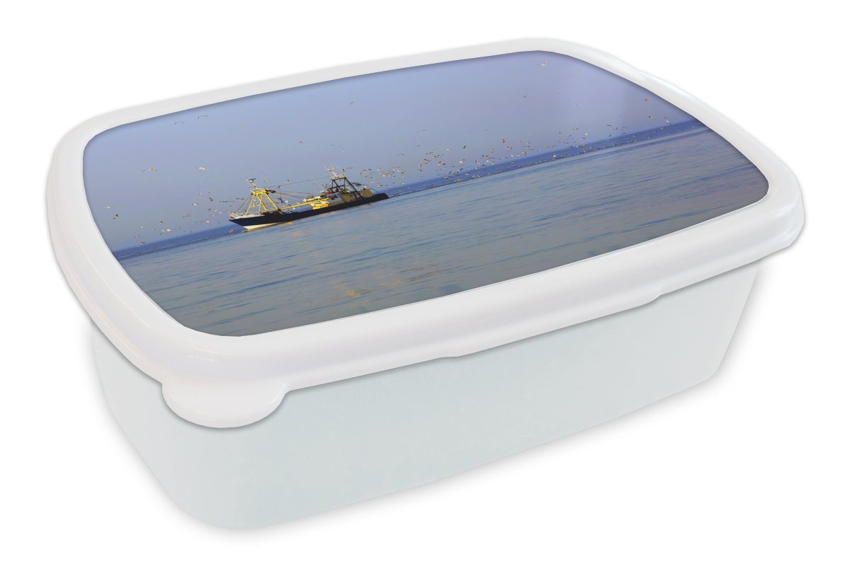 MuchoWow Lunchbox Nordsee - Fischerboot - Vogel, Kunststoff, (2-tlg), Brotbox für Kinder und Erwachsene, Brotdose, für Jungs und Mädchen weiß