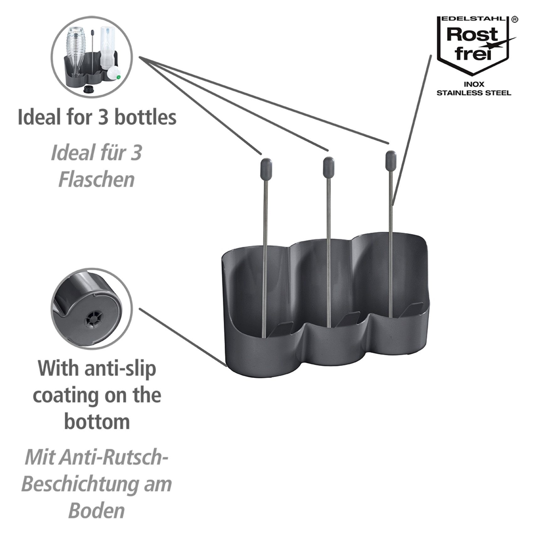WENKO Flaschenhalter Modell Filia, zum schnellen Trocknen von bis zu 3 Wasser- und Trinkflaschen – Bild 2 von 5