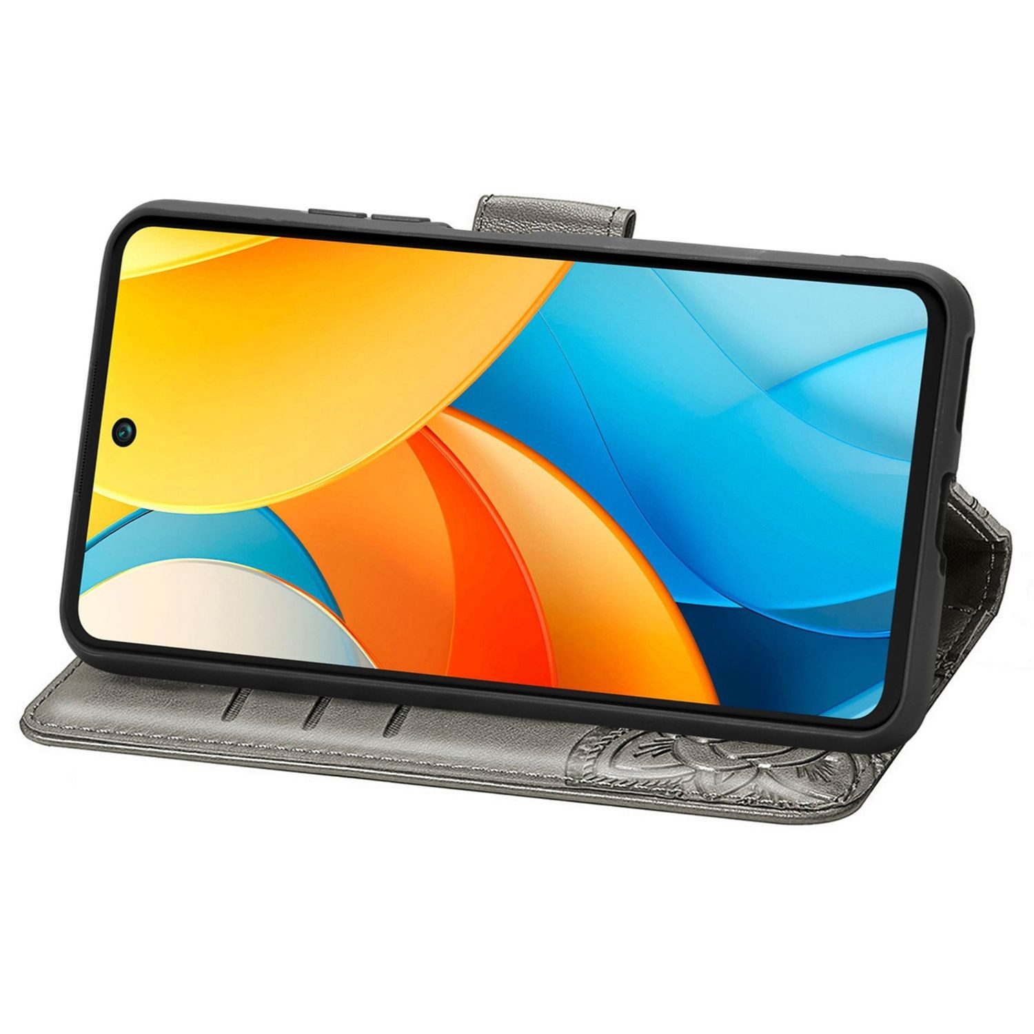 Wigento Smartphone-Hülle Für ZTE Blade V60 Vita / Axon 60 Lite Kunstleder Wallet Hülle Grau, Kunst-Leder Schutzhülle Smart Case Cover magnetischer Verschluss