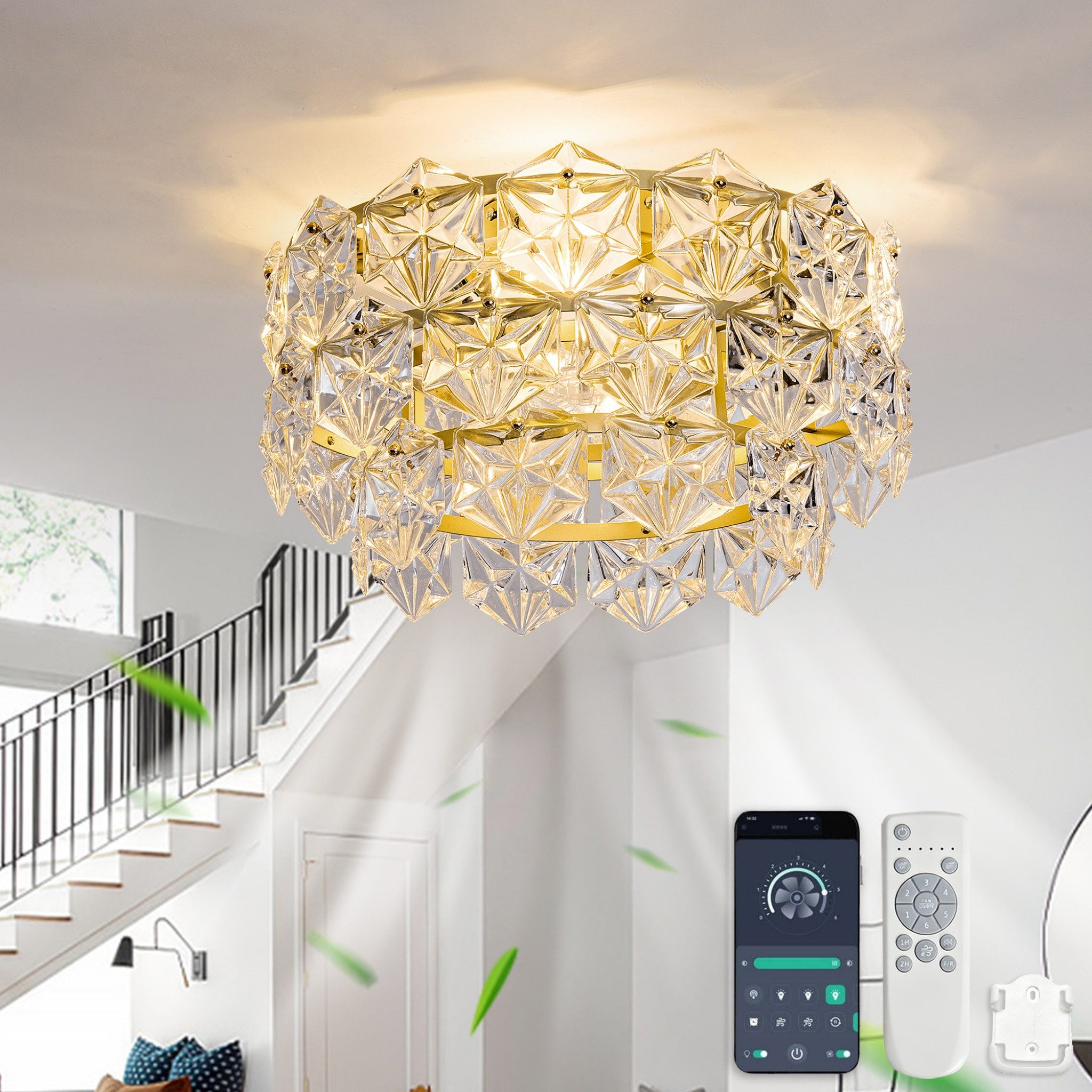 Blossom Deckenventilator Deckenventilator mit Licht 19 Zoll Kristall Deckenlampe Gold, Timer, 6 Geschwindigkeiten App & Fernbedienung Sommer- und Winterbetrieb