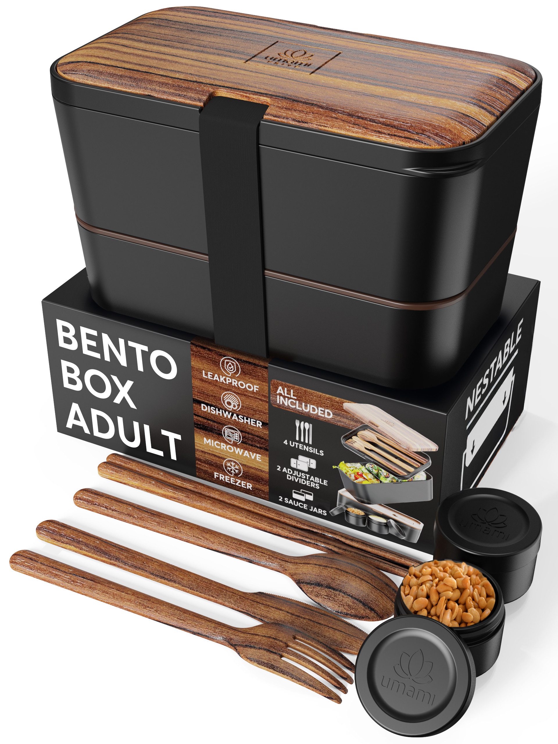 UMAMI Lunchbox Bento für Erwachsene mit Besteck und 2 Saucenbehältern, (Inkl. Zubehör Brotdose mit Fächern für Meal Prep), als Ланч-боксы für Salat, Snack Bento Box, Auslaufsichere Brotdose