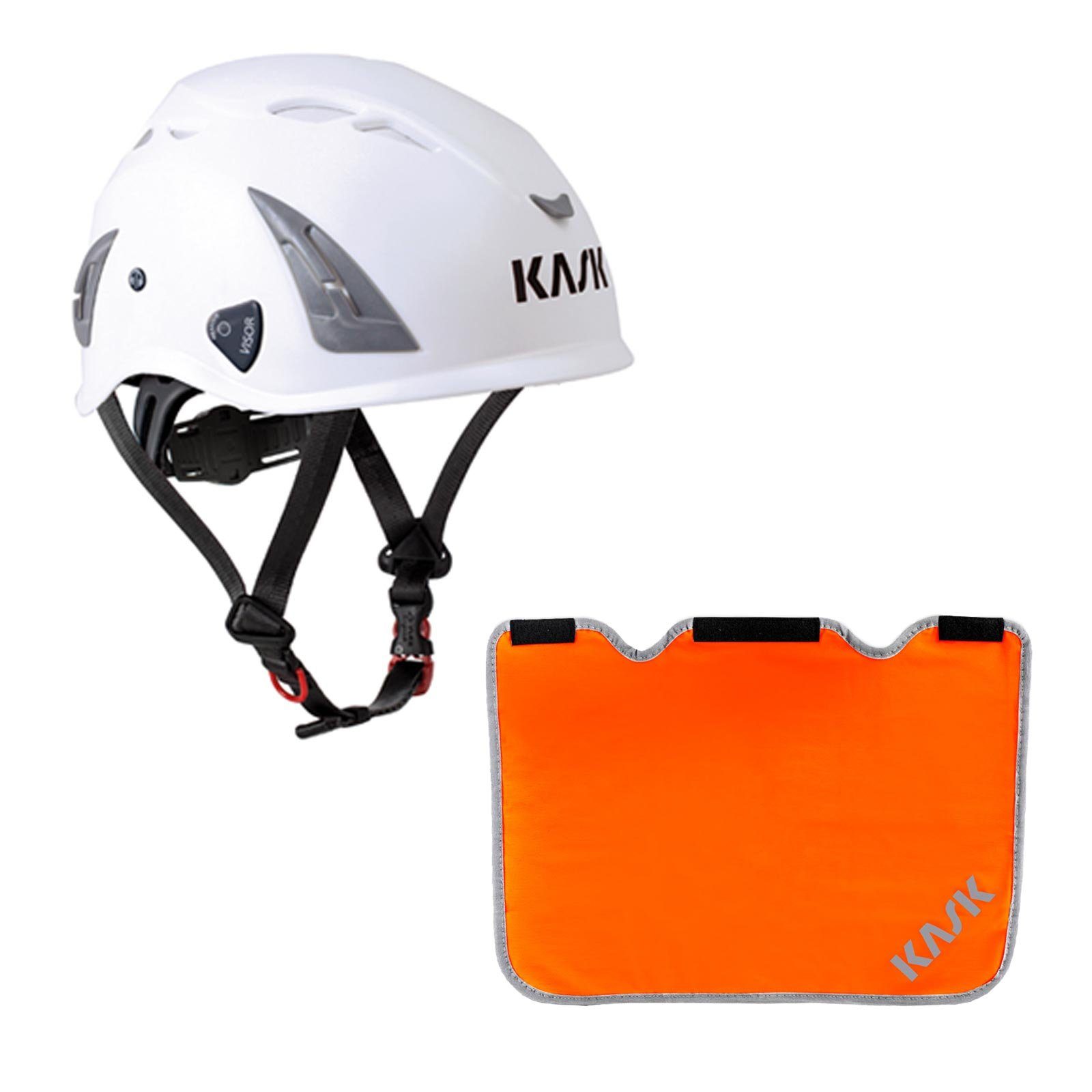 Bau Schutzhelm mit BG weiß + AQ Nackenschutz Kask Förderung Arbeitsschutzhelm orange Plasma