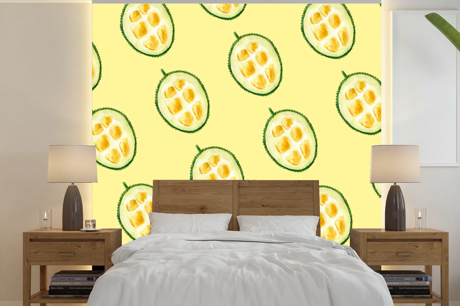 MuchoWow Fototapete Obst - Schablonen - Gelb, Matt, bedruckt, (5 St), Vinyl Tapete für Wohnzimmer oder Schlafzimmer, Wandtapete
