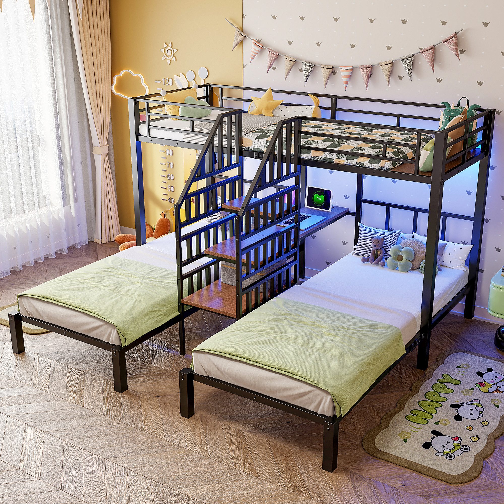 MODFU Etagenbett aus Eisen mit drei Liegeplätzen (Kinderbett,Integrierte Leiter,Schreibtisch,2 USB-Anschlüsse & Stauraum), Metallbett LED-Beleuchtung, 90x200 cm, Ohne Matratze